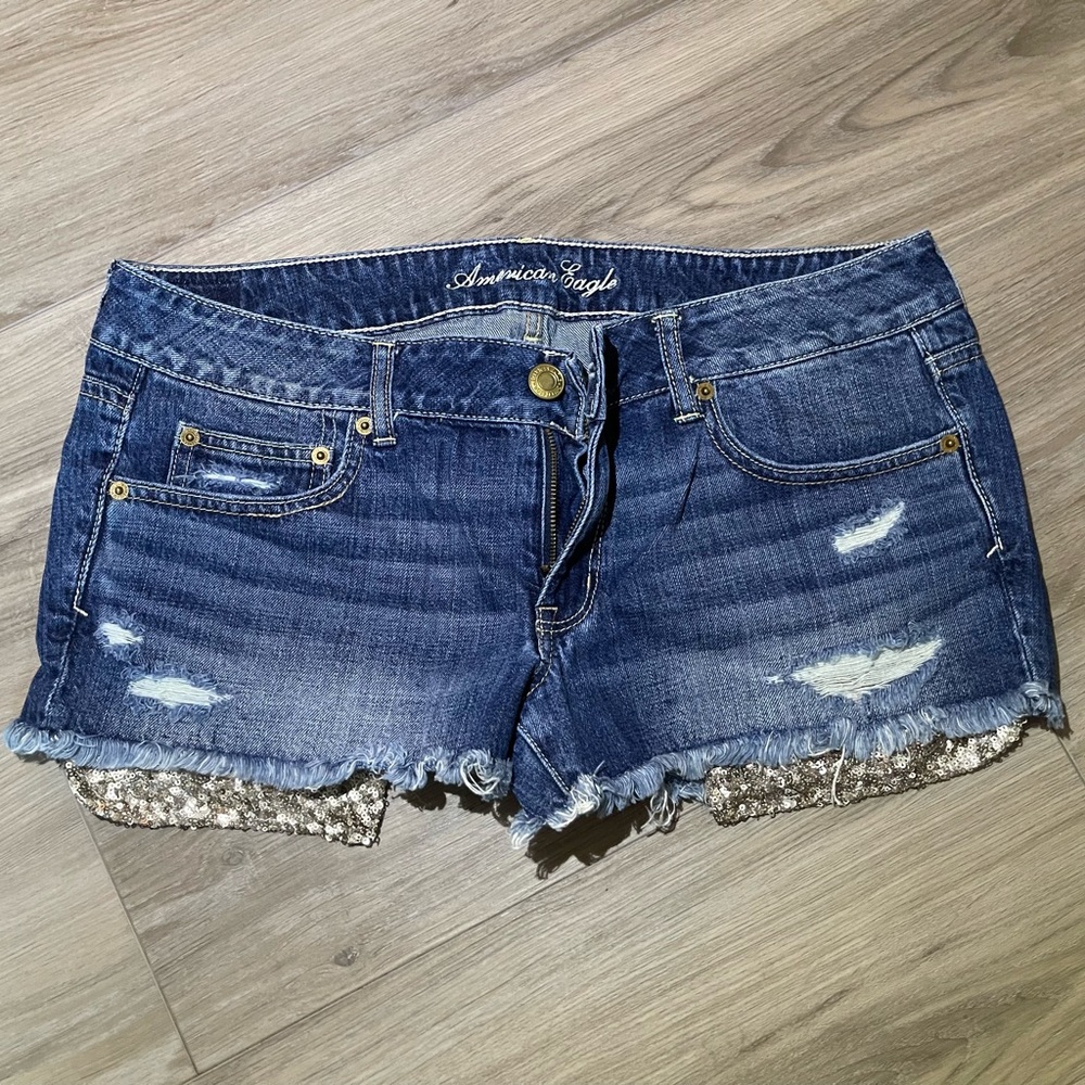 American Eagle Glitter Peekaboo Pocket Denim Shorts Size 12